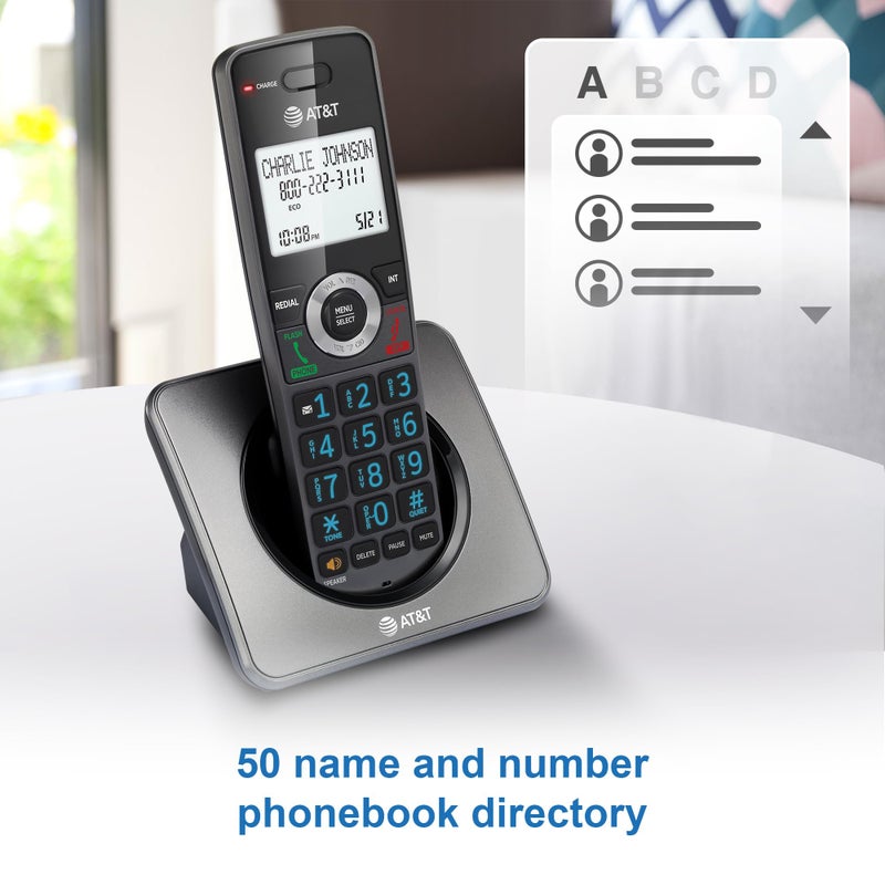 AT&T هاتف AT&T GL2101-2 DECT 6.0 لاسلكي مع جهازين مع خاصية حجب المكالمات ومعرف المتصل - سماعة مكالمات مزدوجة الاتجاه، شاشة مضاءة 2 بوصة، لوحة مفاتيح مضاءة، رمادي وأسود - Image 3