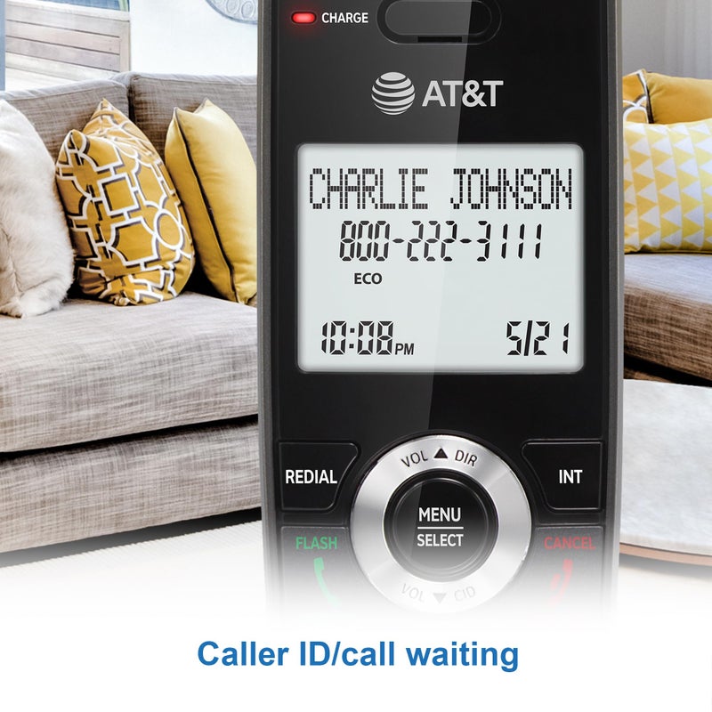 AT&T هاتف AT&T GL2101-2 DECT 6.0 لاسلكي مع جهازين مع خاصية حجب المكالمات ومعرف المتصل - سماعة مكالمات مزدوجة الاتجاه، شاشة مضاءة 2 بوصة، لوحة مفاتيح مضاءة، رمادي وأسود - Image 4
