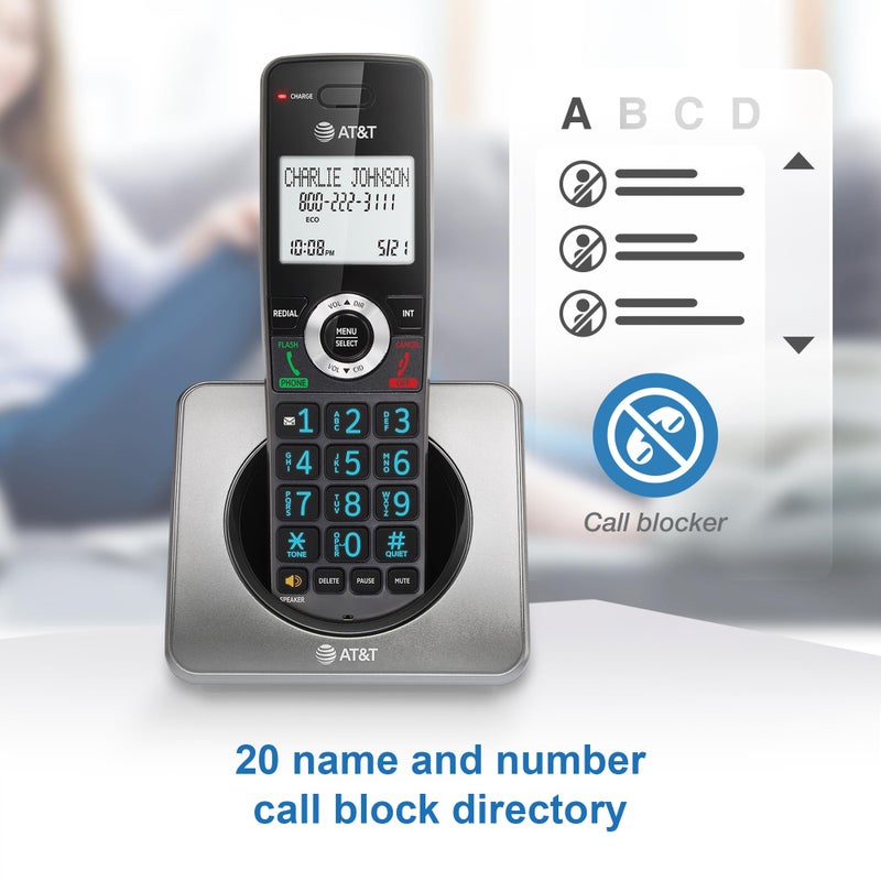AT&T هاتف AT&T GL2101-2 DECT 6.0 لاسلكي مع جهازين مع خاصية حجب المكالمات ومعرف المتصل - سماعة مكالمات مزدوجة الاتجاه، شاشة مضاءة 2 بوصة، لوحة مفاتيح مضاءة، رمادي وأسود - Image 2