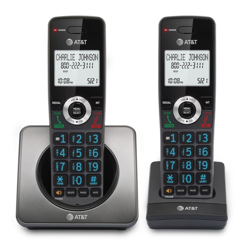 AT&T هاتف AT&T GL2101-2 DECT 6.0 لاسلكي مع جهازين مع خاصية حجب المكالمات ومعرف المتصل - سماعة مكالمات مزدوجة الاتجاه، شاشة مضاءة 2 بوصة، لوحة مفاتيح مضاءة، رمادي وأسود - Image 1