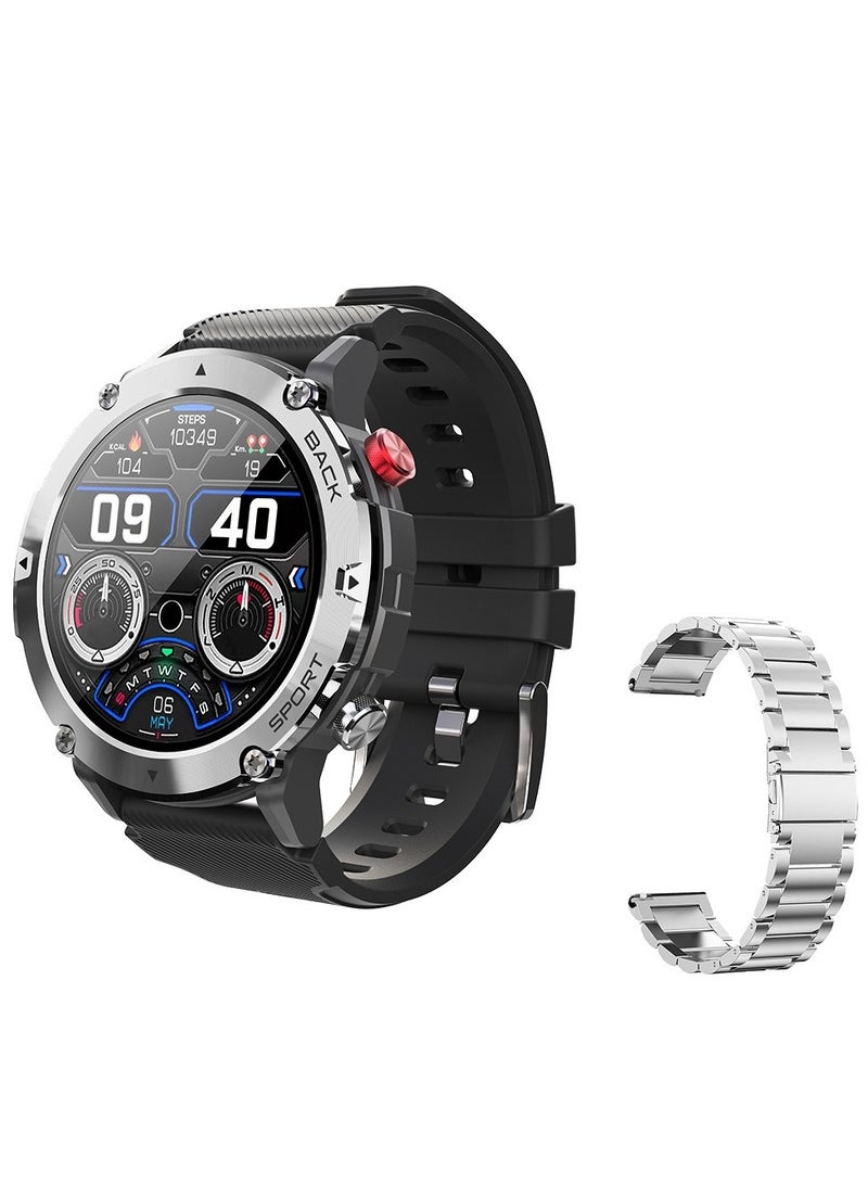 AROAQ Smart Watch Code21 With Bluetooth Calling, Fitness Tracker With Heart Rate Monitor, Multifunctional Waterproof Sleep Smart Watch For Men, Silver shell (three silver + black silicone) - Image 1