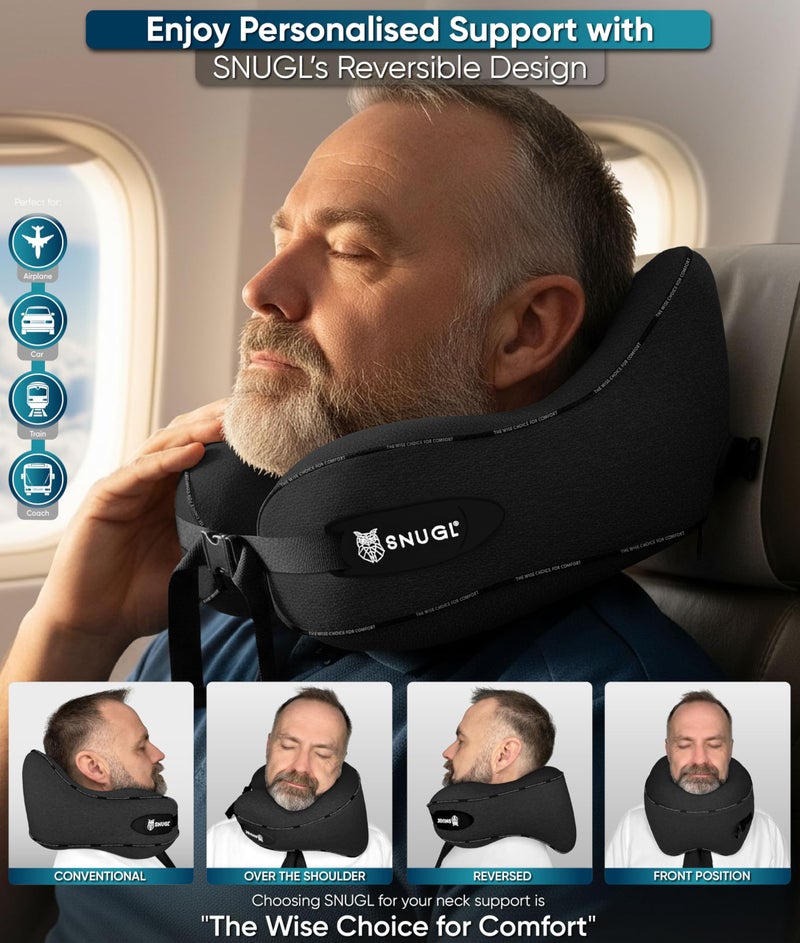 SNUGL Travel Pillow – Memory Foam Pillows - Airplane Neck Pillow with Carry Bag & Clip – Neck Support Travel Pillows - Airplane Essentials (Adult Regular - Black) - Image 3