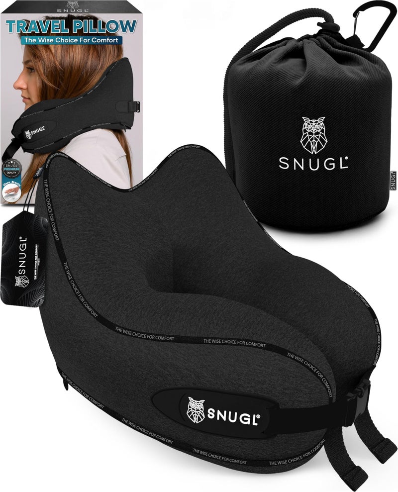 SNUGL Travel Pillow – Memory Foam Pillows - Airplane Neck Pillow with Carry Bag & Clip – Neck Support Travel Pillows - Airplane Essentials (Adult Regular - Black) - Image 1
