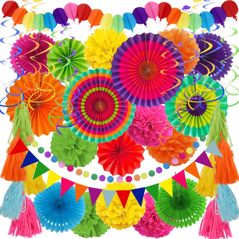 ZERODECO ZERODECO Party Decorations 41 Pcs Multicoloured Papar Fans Pompoms Garlands String Tissue Paper Tassel for Fiesta Mexican Theme Cinco De Mayo Coco Carnivals Festivals Birthday Party 
