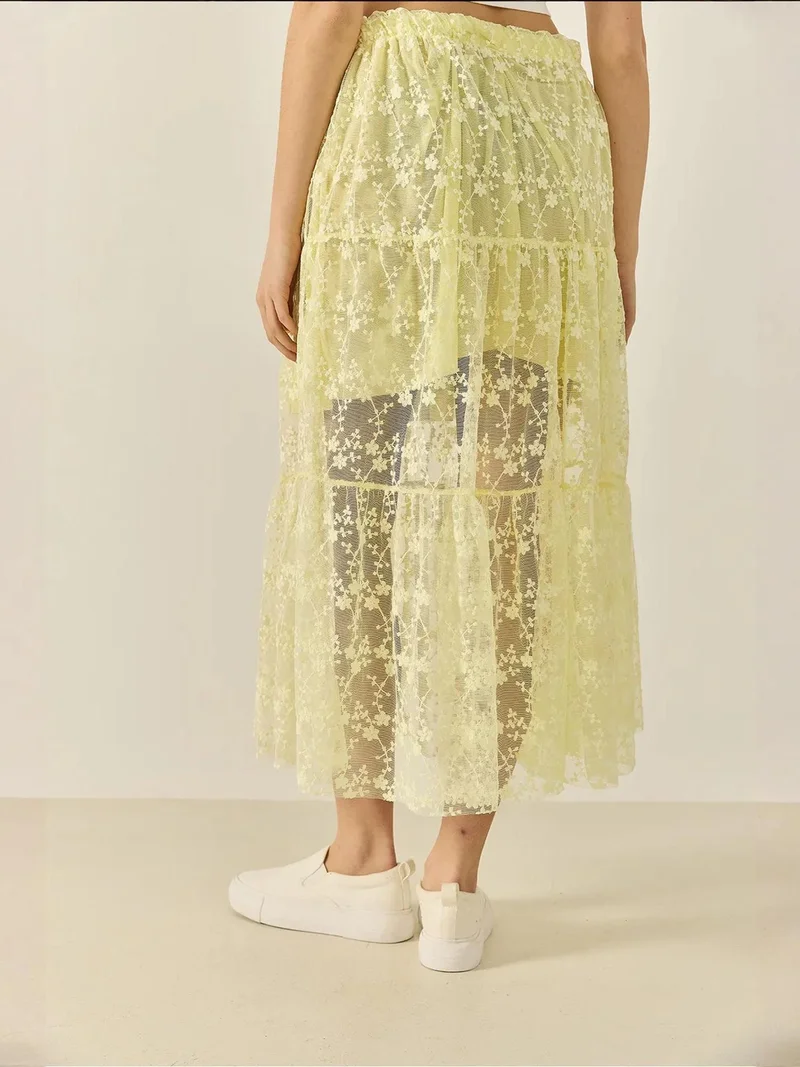 Bianco Lucci Lemon Yellow LUCCI High Waist Flowering Maxi Skirt with Ruffle Detail for Women | Best Price UAE