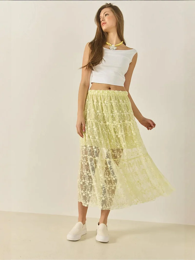 Bianco Lucci Lemon Yellow LUCCI High Waist Flowering Maxi Skirt with Ruffle Detail for Women | Best Price UAE