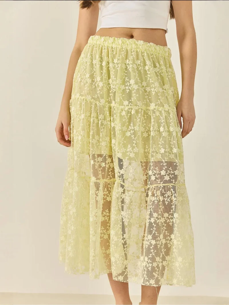 Bianco Lucci Lemon Yellow LUCCI High Waist Flowering Maxi Skirt with Ruffle Detail for Women | Best Price UAE