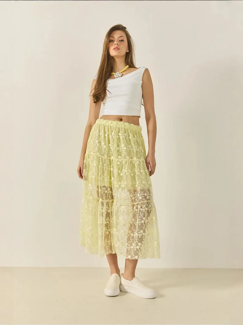 Bianco Lucci LUCCI High Waist Flowering Maxi Skirt with Ruffle Detail