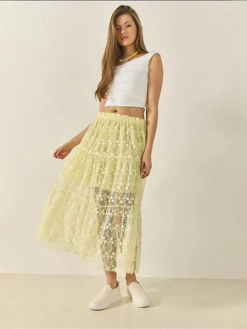 Bianco Lucci Lemon Yellow LUCCI High Waist Flowering Maxi Skirt with Ruffle Detail for Women | Best Price UAE