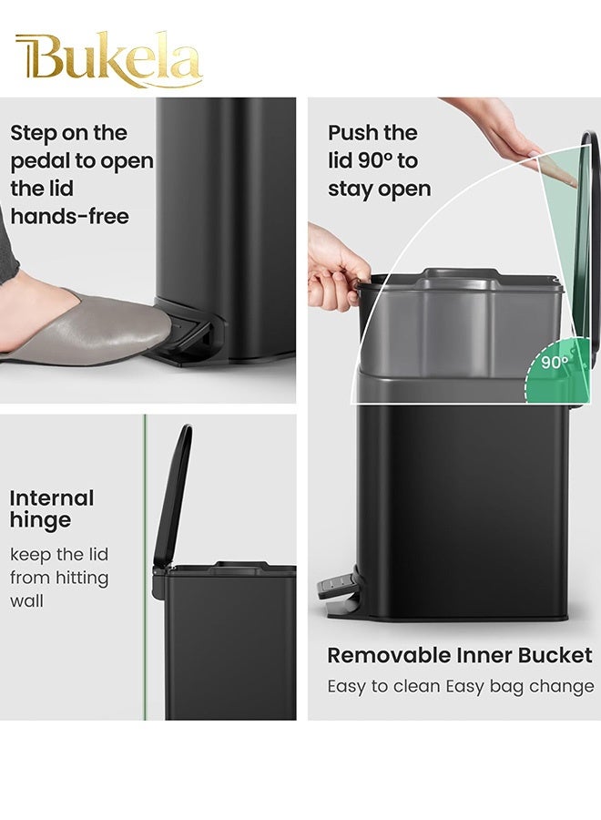 كيلا سلة مهملات صغيرة للحمام من بوكيلا مع غطاء سهل الإغلاق، دواسة متدرجة، 6 لتر / 1.6 جالون من الفولاذ المقاوم للصدأ 304 مع دلو داخلي قابل للإزالة، لمسة نهائية مضادة لبصمات الأصابع للمطبخ والحمام والمكتب المنزلي (أسود غير لامع) - Image 5
