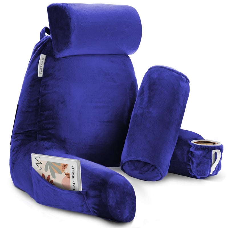 Clara Clark Reading Pillow Adult Back Pillow for Sitting in Bed  Shredded Memory Foam Reading  Bed Rest Pillow with Arms and Pockets  Bed Pillows for Sitting Up in Bed  Large Royal Blue