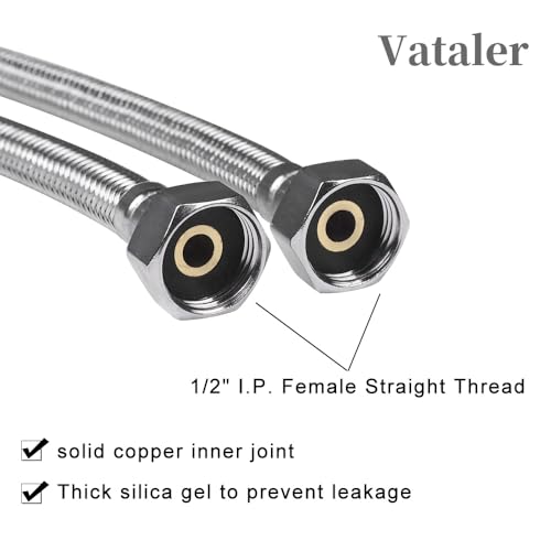 Vataler Faucet Line Connector Braided 304 Stainless Steel Supply Hose 1/2" I.P. Female Thread to 1/2" I.P. Female Straight Thread Faucet Hose Replacement (One Pair) - Image 3