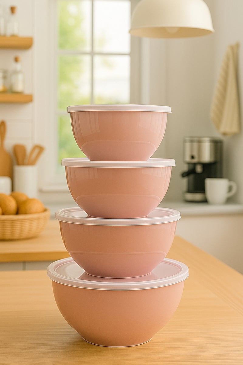 Vienev Set of 4 Round Bowls Pink |   1L, 1.5L, 2.3L, 3.3L |   Multi-Purpose Kitchen Storage Container with Lid - Image 2
