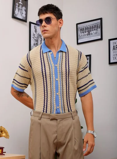 The Indian Garage Co Men Relaxed Fit Striped Half Sleeves Regular collar Casual Shirt