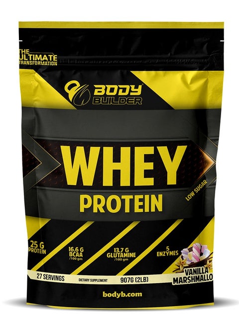 Body Builder 100% whey protein - Vanilla Marshmallow- 2lb, Elite Whey Protein Blend for Optimal Muscle Growth and Recovery, Rich in BCAAs, Glutamine and Digestive Enzymes, perfect post workout fuel