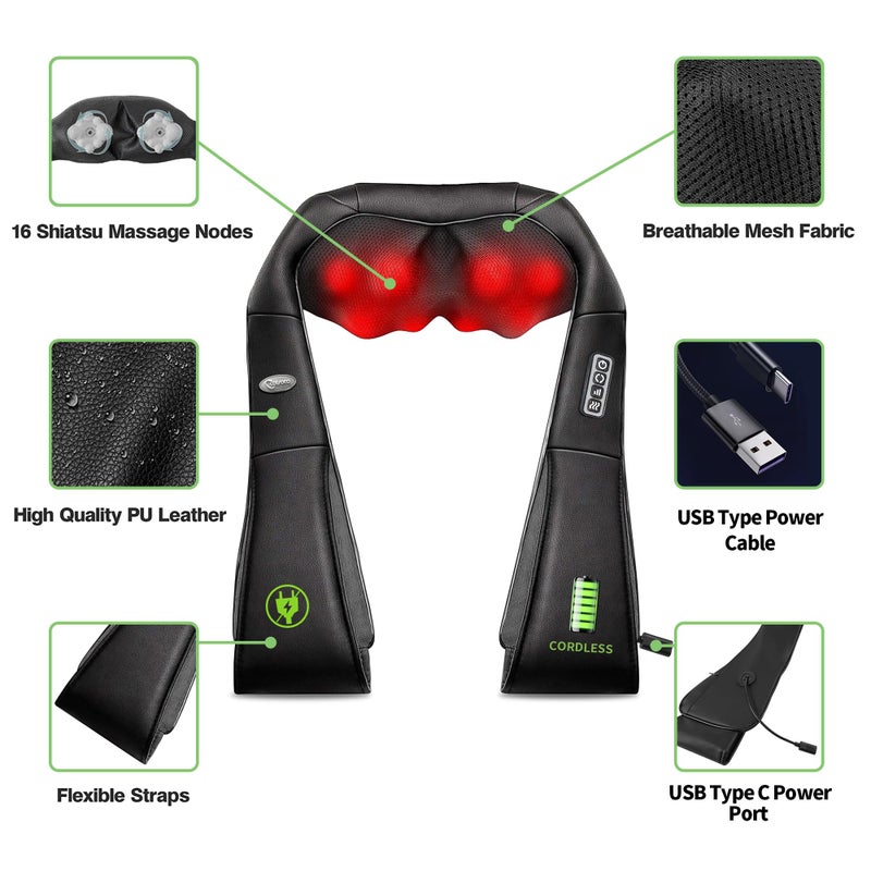 cotsoco Cordless Shiatsu Neck and Shoulder Massager with Heat,Portable Massagers for Neck and Back,3D Deep Tissue Kneading Back Massager for Muscle Pain Relief,Perfect Gifts for Men and Woman - Image 4