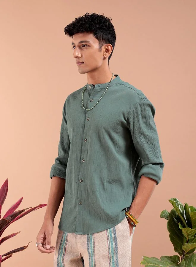 The Indian Garage Co Men Slim Fit Solid Full Sleeves Mandarin Collar Resort Wear Shirt