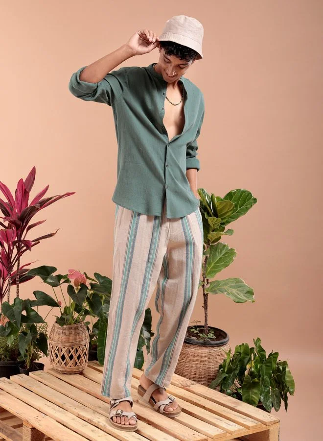 The Indian Garage Co Men Slim Fit Solid Full Sleeves Mandarin Collar Resort Wear Shirt