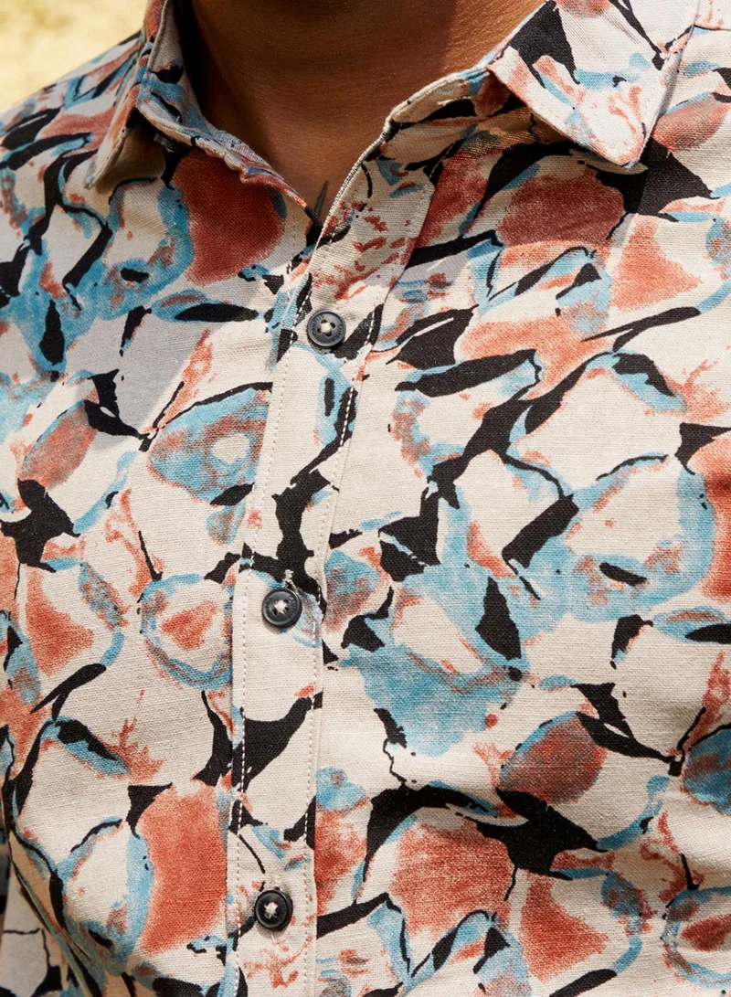Campus Sutra Campus Sutra Men's Beige & Brown Artistic Floral Cluster Shirt For Casual Wear | Spread Collar | Long Sleeve | Button Closure | Cotton Shirt Crafted With Comfort Fit For Everyday Wear