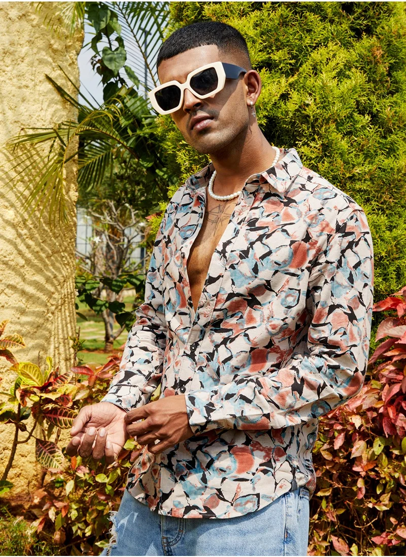 Campus Sutra Campus Sutra Men's Beige & Brown Artistic Floral Cluster Shirt For Casual Wear | Spread Collar | Long Sleeve | Button Closure | Cotton Shirt Crafted With Comfort Fit For Everyday Wear