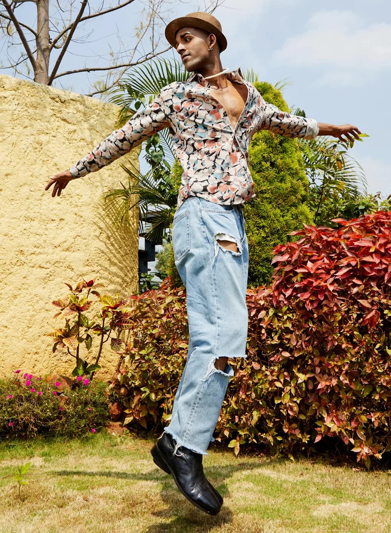 Campus Sutra Campus Sutra Men's Beige & Brown Artistic Floral Cluster Shirt For Casual Wear | Spread Collar | Long Sleeve | Button Closure | Cotton Shirt Crafted With Comfort Fit For Everyday Wear
