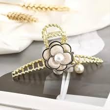 glimm flower metal gold hair claw clips with white pearl elegant design non-slips large hair clamp clips for women hair accessories camellia hair barrette ornaments set of 1 - Image 4
