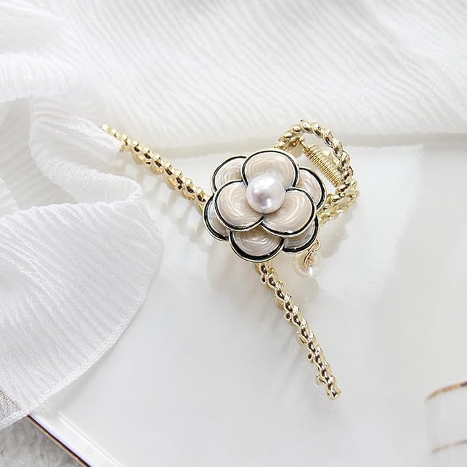 glimm flower metal gold hair claw clips with white pearl elegant design non-slips large hair clamp clips for women hair accessories camellia hair barrette ornaments set of 1 - Image 1