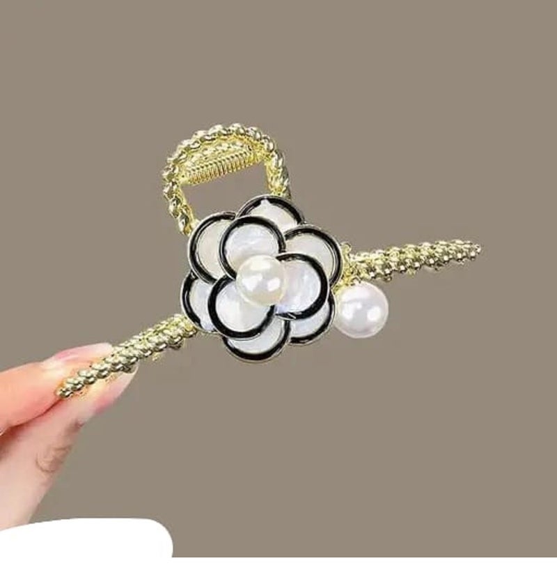 glimm flower metal gold hair claw clips with white pearl elegant design non-slips large hair clamp clips for women hair accessories camellia hair barrette ornaments set of 1 - Image 2