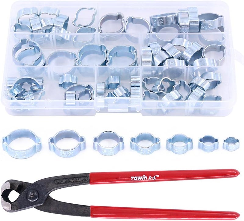 Glarks 70Pcs Zinc Plated Double Ear Hose Fuel Clamp with Standard Jaw Pincers Kit - Image 1