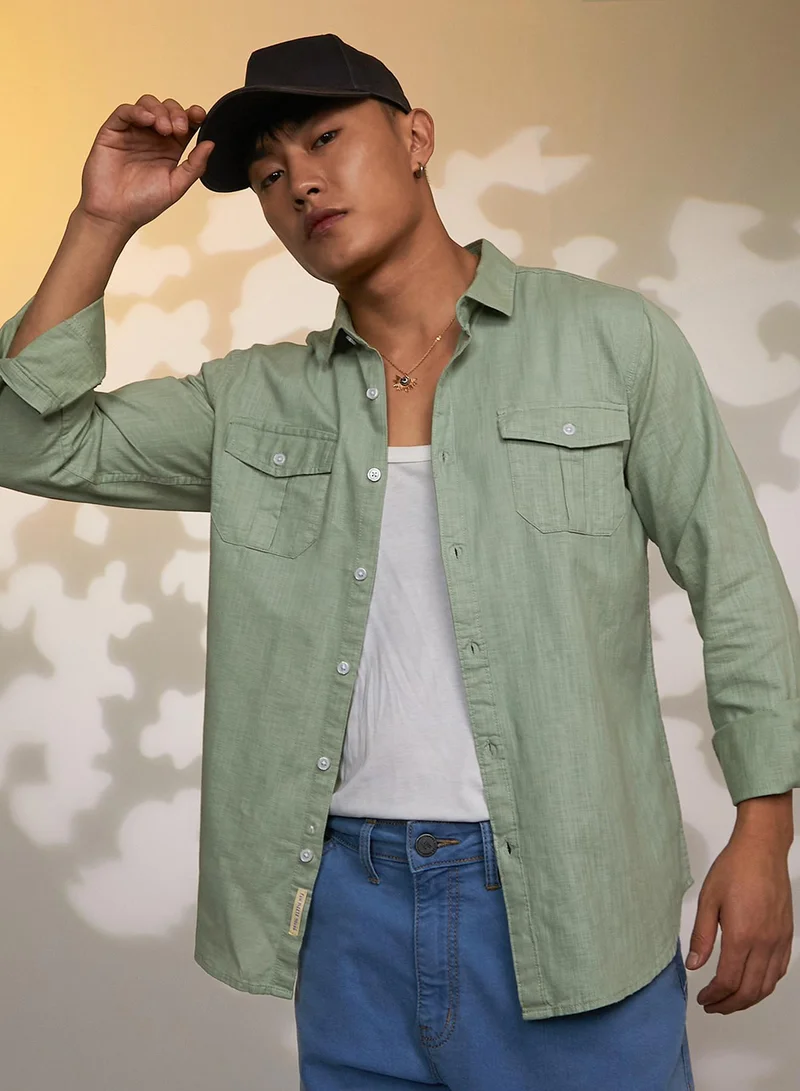 Campus Sutra Men's Olive Green Solid Utility Shirt