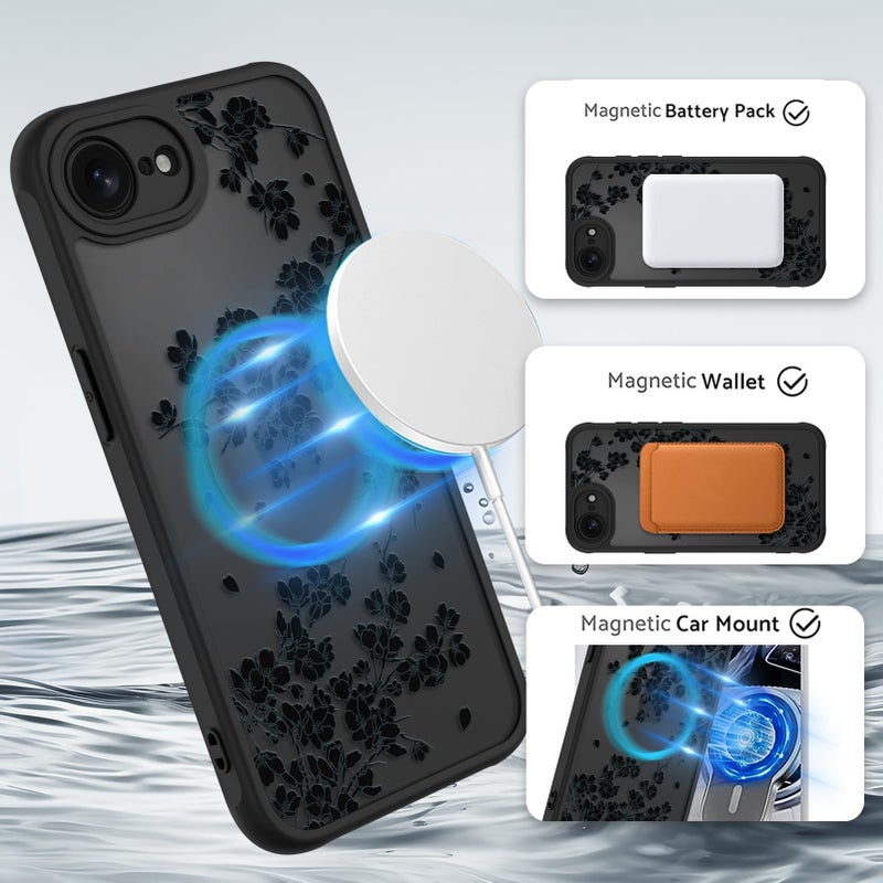OOK Case for iPhone 16e 2025 (Compatible with MagSafe) Floral Flowers Design Phone Cover Soft TPU + Hard PC Anti-Scratch Shockproof Magnetic Case for Women - Black - Image 2