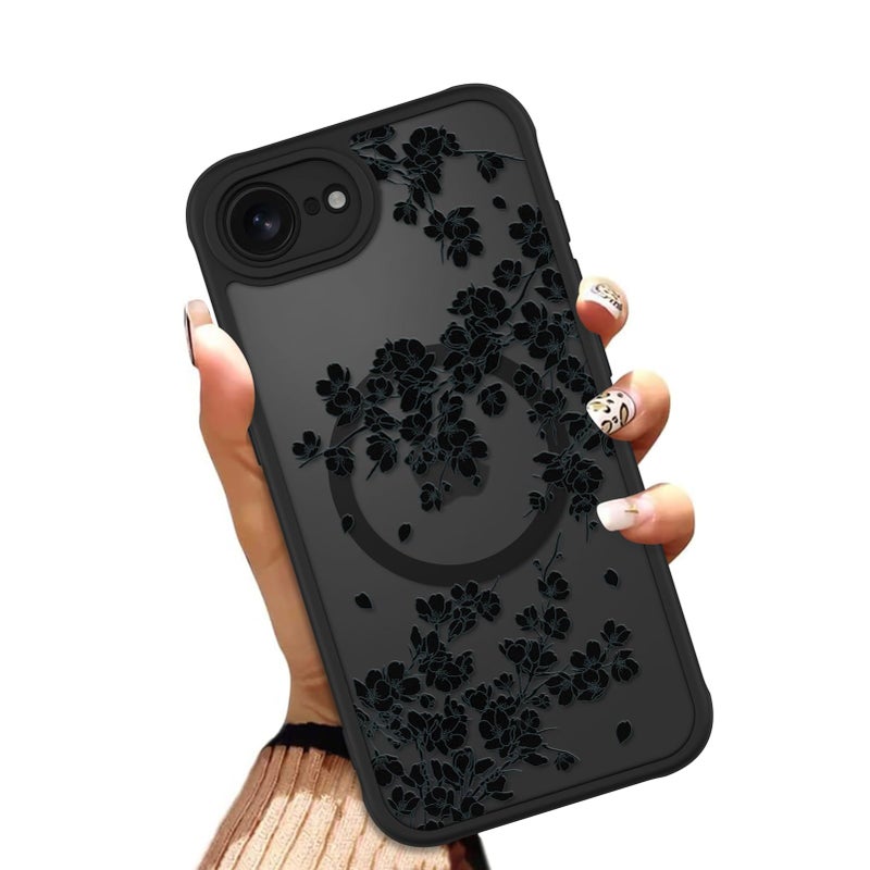 OOK Case for iPhone 16e 2025 (Compatible with MagSafe) Floral Flowers Design Phone Cover Soft TPU + Hard PC Anti-Scratch Shockproof Magnetic Case for Women - Black - Image 1