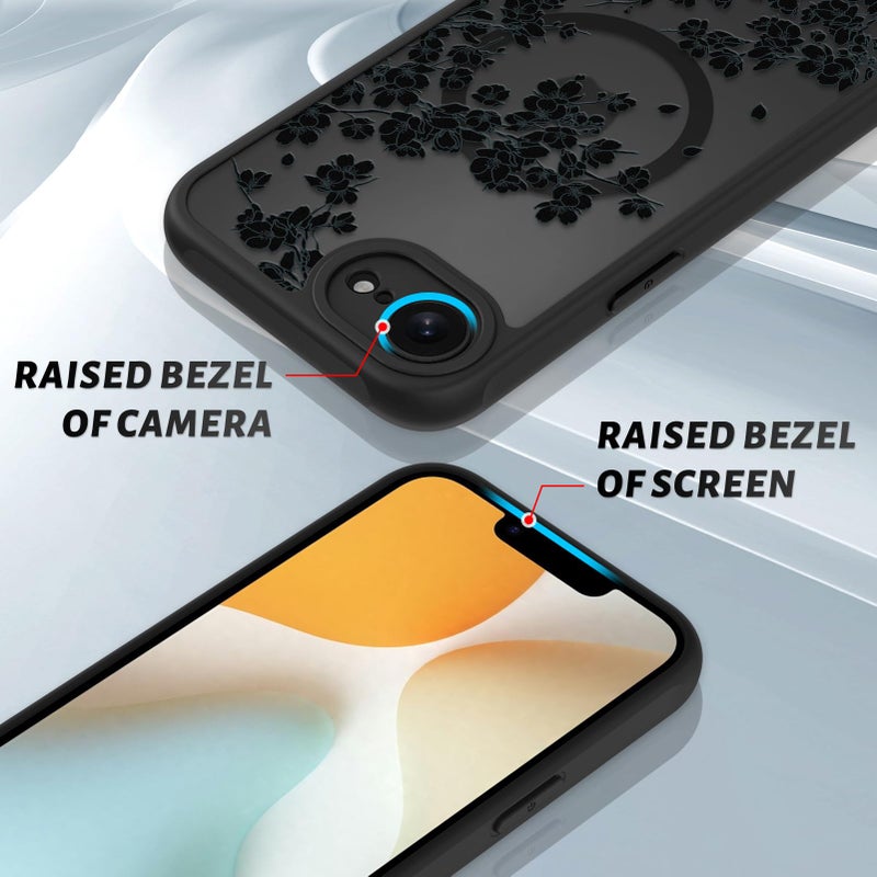 OOK Case for iPhone 16e 2025 (Compatible with MagSafe) Floral Flowers Design Phone Cover Soft TPU + Hard PC Anti-Scratch Shockproof Magnetic Case for Women - Black - Image 3