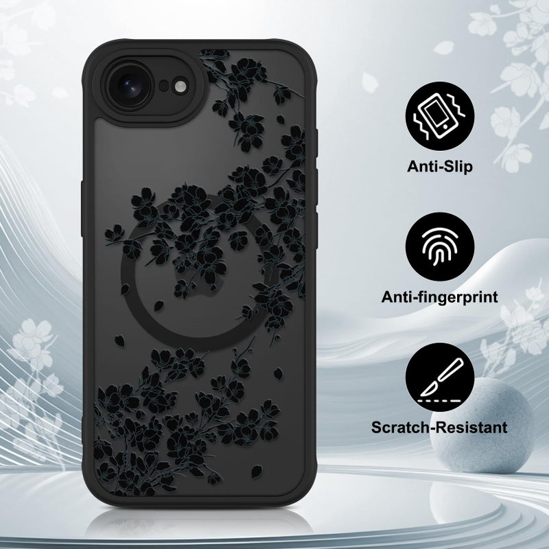 OOK Case for iPhone 16e 2025 (Compatible with MagSafe) Floral Flowers Design Phone Cover Soft TPU + Hard PC Anti-Scratch Shockproof Magnetic Case for Women - Black - Image 5