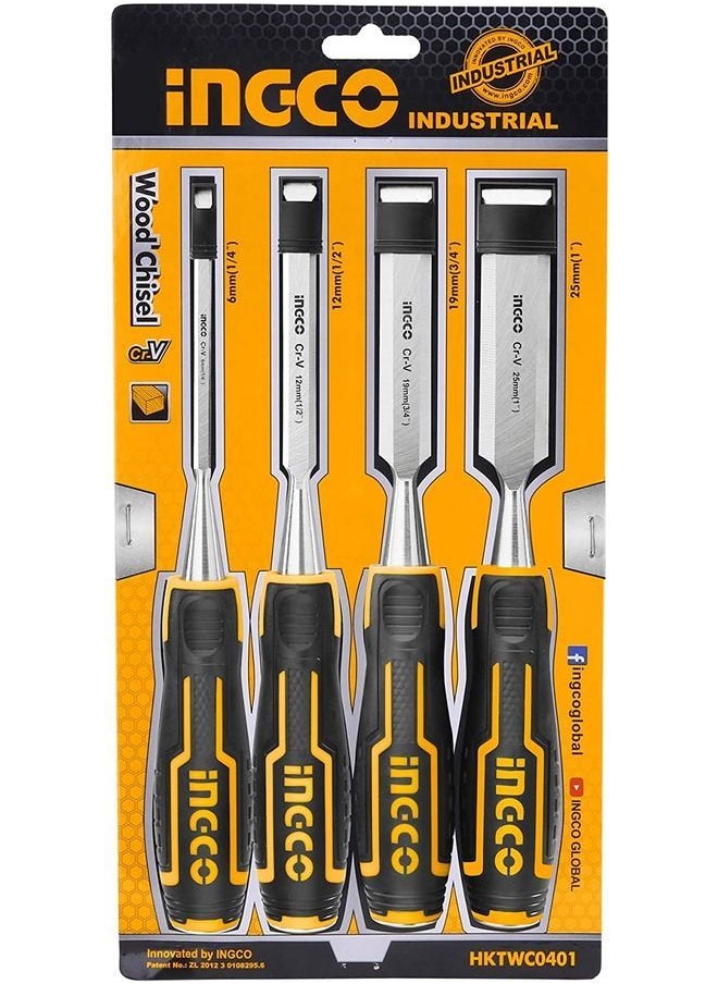 INGCO 4Pcs Wood Chisel Set Woodworking Carpenter Carving 6/12/19/25Mm Hktwc0401 