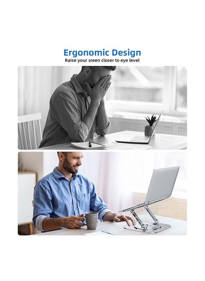 Adjustable Laptop Stand for Desk, Ergonomic Riser with 360° Rotating Base, Foldable Notebook Computer Holder Compatible MacBook Air Pro, Dell XPS, More 10-17" Laptops, Silver