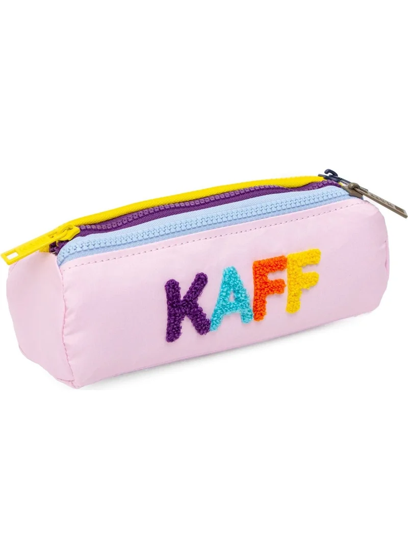 Kaff 01109 Pink Three-Eyed Colorful Zipper Waterproof Bondit Fabric Plush Printed Pencil Case Pencil Holder