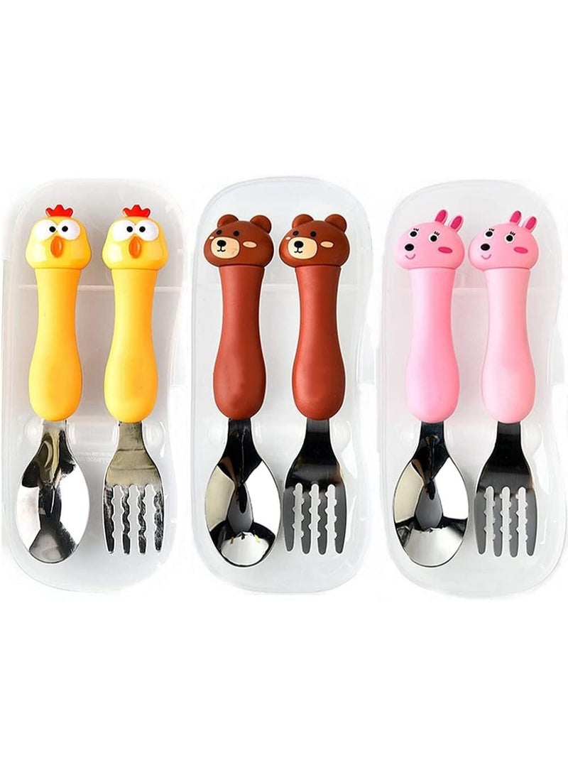 سوفام طقم أواني الأطفال, 3PCS طقم أدوات المائدة للأطفال المحمولة ملعقة وشوكة مع علبة بلاستيكية 304 غسالة أطباق خالية من الفولاذ المقاوم للصدأ آمنة (دجاج ودب وأرنبي) - Image 1
