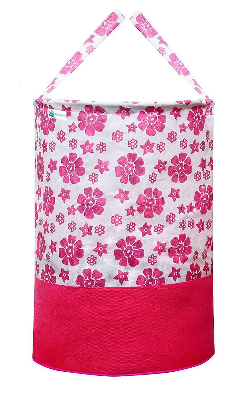 UNICRAFTS Unicrafts Laundry Bag 45 L Durable and Collapsible Laundry storage Bag with Side Handles Clothes Toys Storage Foldable Flower Print Laundry Basket Pack of 1 Pc Flower Print Blue Pink - Image 1