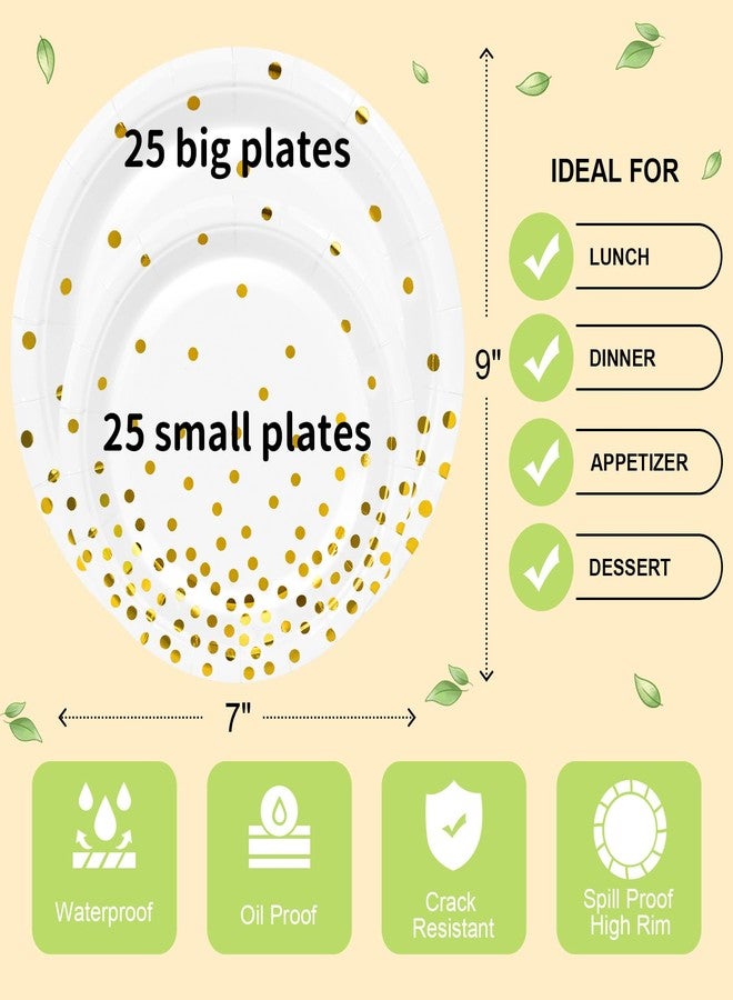 LANLISA 50 White and Gold Paper Plates Set Includes 25-9" & 25-7" Disposable Birthday Cake Dessert Plates for Party Supplies - Image 5