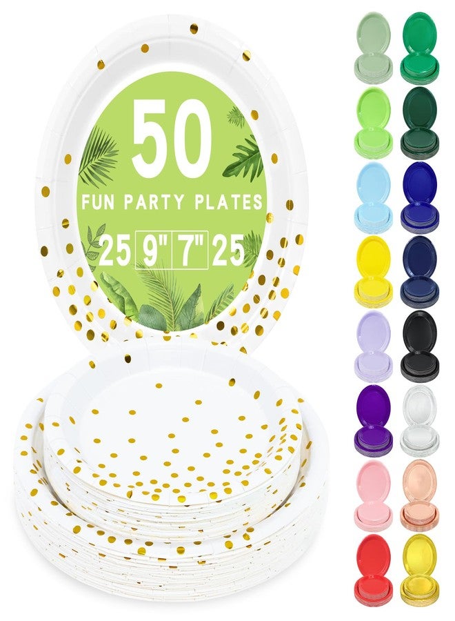 LANLISA 50 White and Gold Paper Plates Set Includes 25-9" & 25-7" Disposable Birthday Cake Dessert Plates for Party Supplies - Image 1