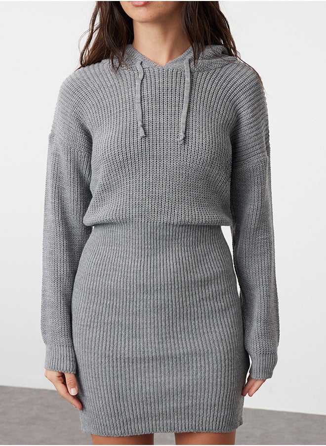 trendyol Gray Mini Knitwear Hooded Dress TWOAW23EL00075  - Image 4