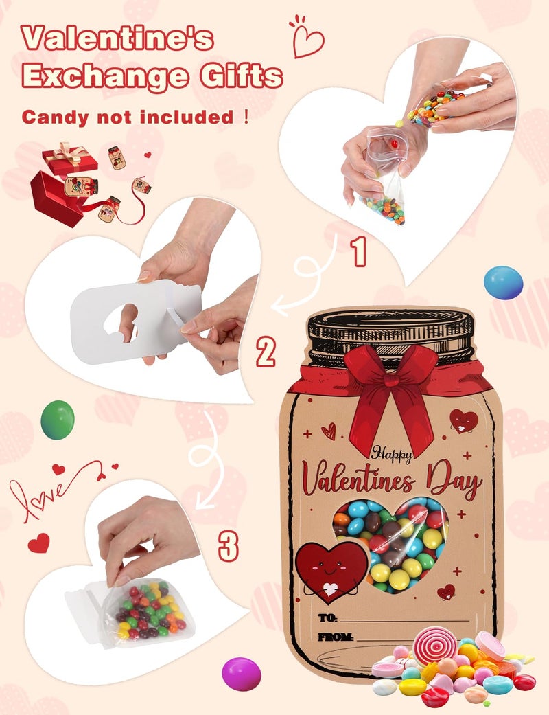 bomis Valentines Day Cards for Kids School, 50 Pack Mason Jar Valentine Gift with Treat Bags, Funny Valentine Classroom Exchange Cards for Boys Girls Class Classroom Party Favors Friends(Candy Not Included) - Image 3