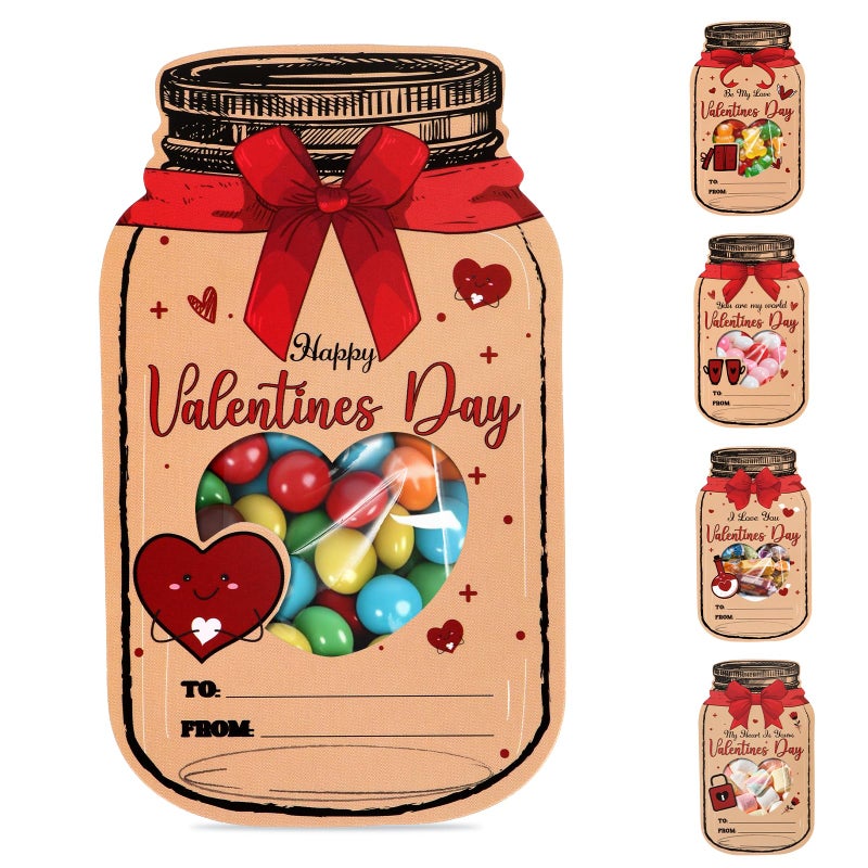 bomis Valentines Day Cards for Kids School, 50 Pack Mason Jar Valentine Gift with Treat Bags, Funny Valentine Classroom Exchange Cards for Boys Girls Class Classroom Party Favors Friends(Candy Not Included) - Image 1