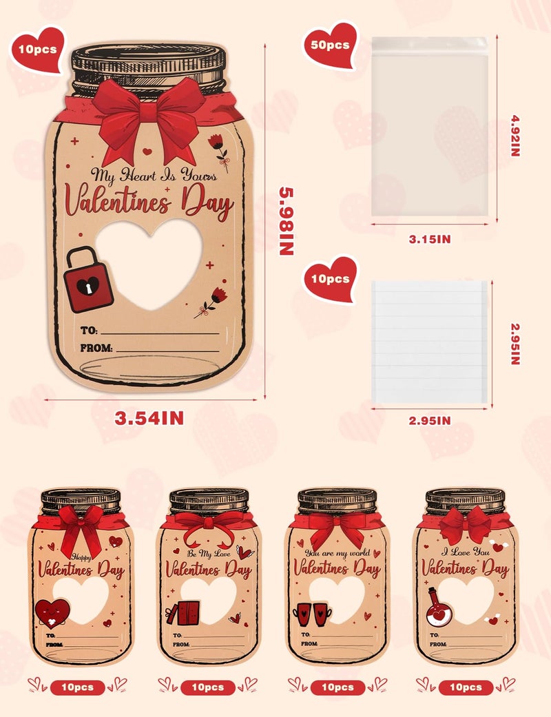 bomis Valentines Day Cards for Kids School, 50 Pack Mason Jar Valentine Gift with Treat Bags, Funny Valentine Classroom Exchange Cards for Boys Girls Class Classroom Party Favors Friends(Candy Not Included) - Image 2