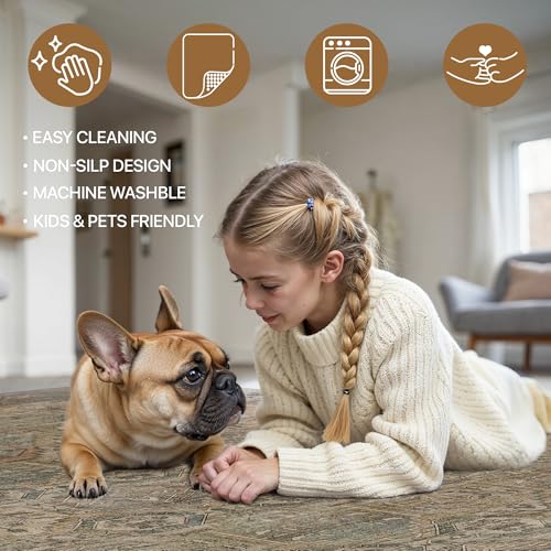 Bavni Kitchen Rug 2x5 Runner Rugs for Hallways Entryway, Washable Vintage Print Carpet, Ultra-Thin Chenille Low Pile Lightweight Rug with Non Slip Backing, Warm Taupe - Image 5