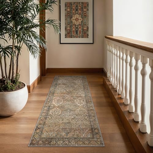 Bavni Kitchen Rug 2x5 Runner Rugs for Hallways Entryway, Washable Vintage Print Carpet, Ultra-Thin Chenille Low Pile Lightweight Rug with Non Slip Backing, Warm Taupe - Image 1