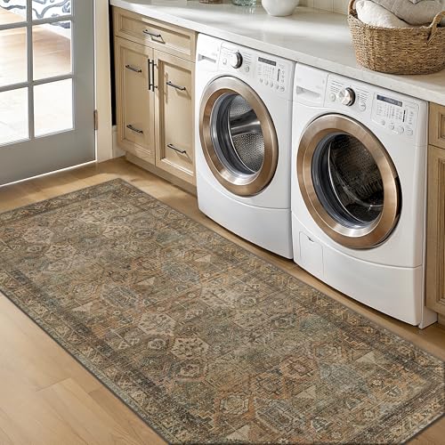 Bavni Kitchen Rug 2x5 Runner Rugs for Hallways Entryway, Washable Vintage Print Carpet, Ultra-Thin Chenille Low Pile Lightweight Rug with Non Slip Backing, Warm Taupe - Image 4