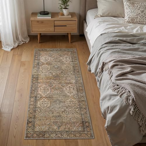 Bavni Kitchen Rug 2x5 Runner Rugs for Hallways Entryway, Washable Vintage Print Carpet, Ultra-Thin Chenille Low Pile Lightweight Rug with Non Slip Backing, Warm Taupe - Image 3