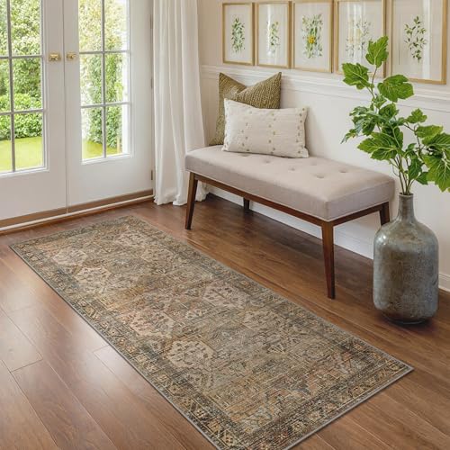 Bavni Kitchen Rug 2x5 Runner Rugs for Hallways Entryway, Washable Vintage Print Carpet, Ultra-Thin Chenille Low Pile Lightweight Rug with Non Slip Backing, Warm Taupe - Image 2